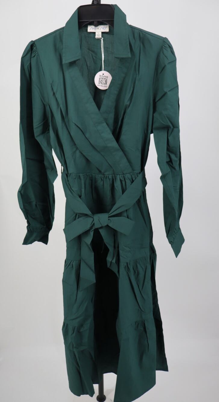 NEW She + Sky Midi Dress Green Long Sleeve Tie Waist Tiered Faux Wrap Size L